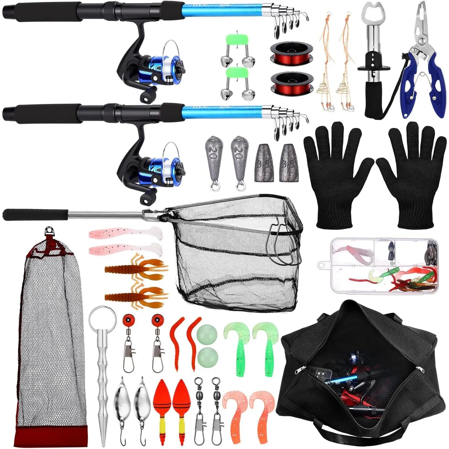 MiniInflat Telescopic Fishing Rod and Reel Combo - 6.89ft (6.0 to 6.9 ft Range) 2pcs Collapsible Rods with Easy Support, Plier, Lip Gripper, Lures, Carrier Bag, Pre-Loaded Spinning Reel for Saltwater Freshwater Fishing Pole Kit