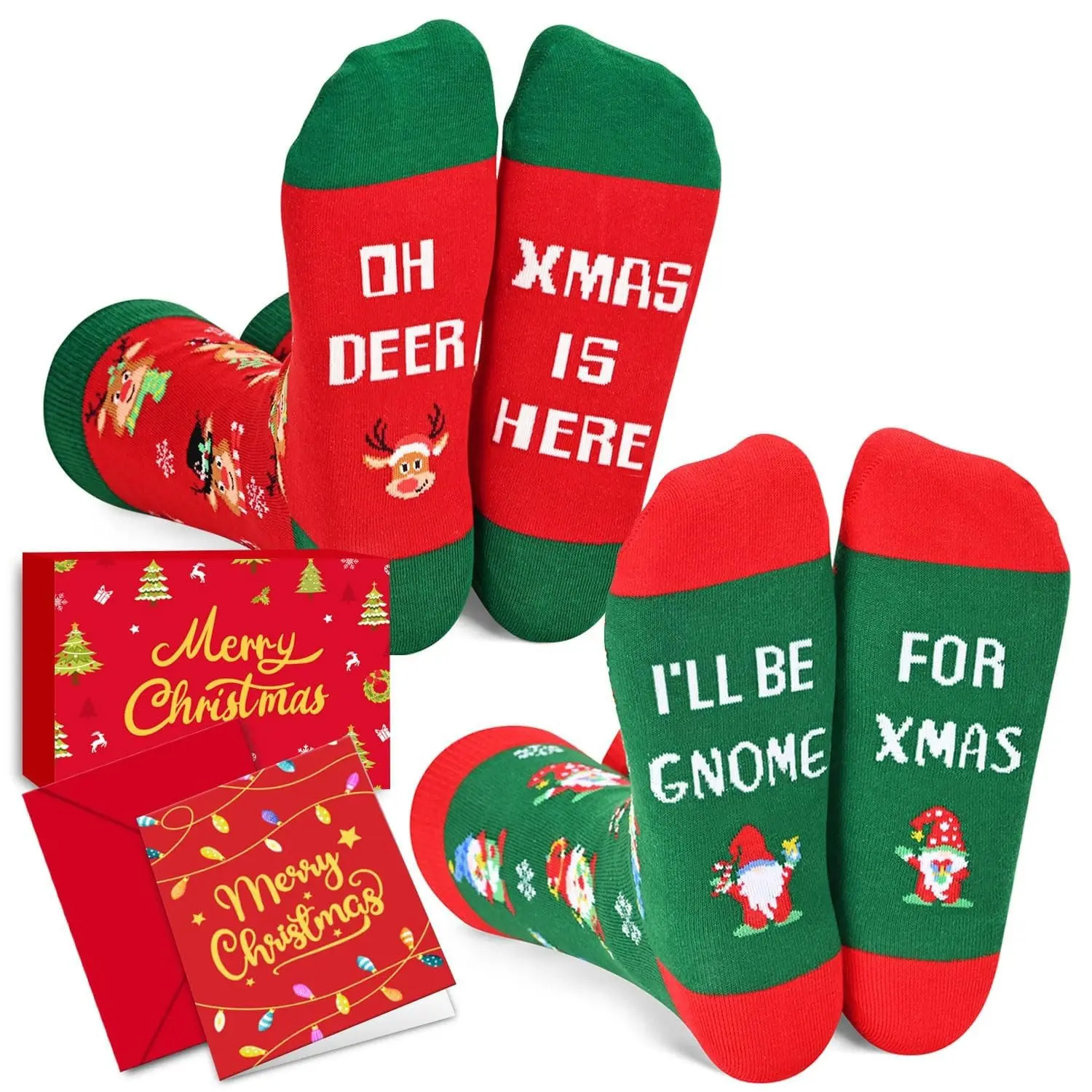 HAPPYPOP Christmas Gifts Stocking Socks for Women Men - Xmas Stocking, Elf Socks Elf Stockings for Teen Boys Girls, Gnome Redeer Gifts for Mom Dad, Secret Santa Light Up Socks for Women Men 2 Pack with Greeting Card