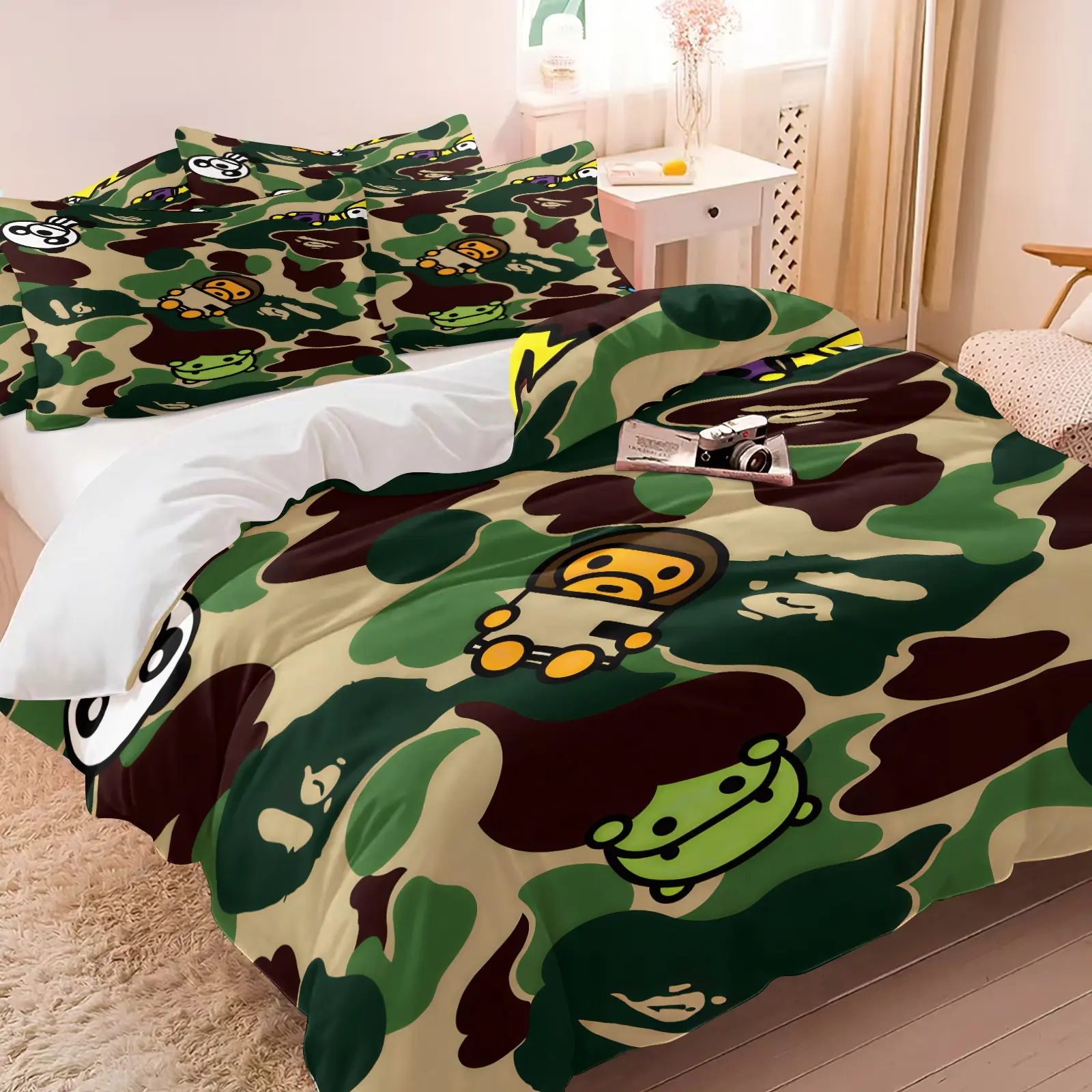 3PCS Purple Camo Lightning Star Duvet Cover Set (1 Duvet Cover + 1-2 Pillowcases), Dark Purple Camo Lightning Star HD Digital Print, Soft Cozy Skin-Friendly All Seasons Bedding, Perfect for Hip Hop Street Bedroom Decor