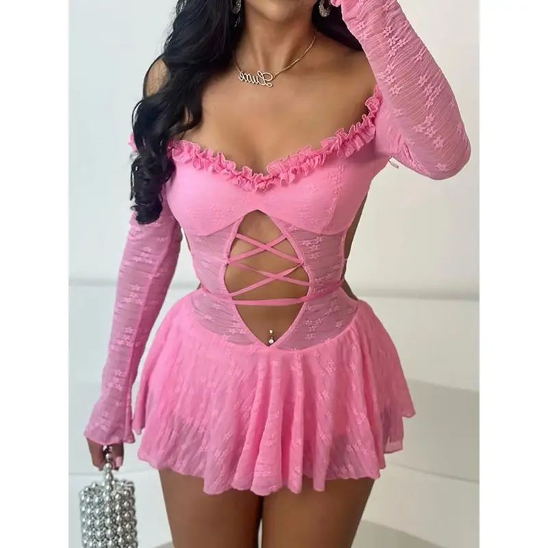 Women's Contrast Mesh Sheer Backless Off Shoulder Cut Out Ruffle Trim Bodysuit, Sexy Fashion Frill Trim Tie Back Fitted Long Sleeve Bodysuit for Nightclub Music Festival, Women's Clothes for Spring & Fall, Fashionable Bodysuits, Womenswear