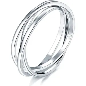 Silver Ring, 14K Gold Plated Fidget Anxiety Ring, Triple Row Rolling Interlocking Stacking High Polish Band for Women, Men| Each Band Width 1.8mm 3mm Size 4-12