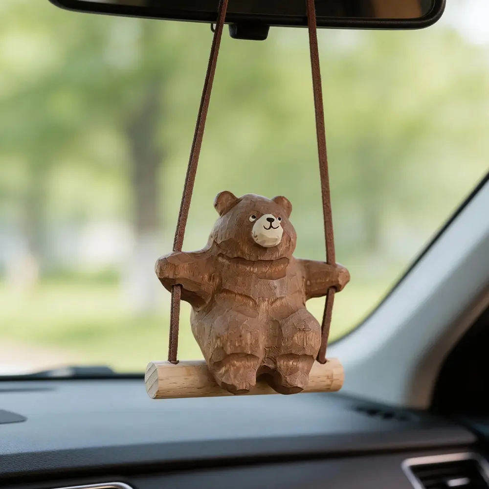 Hand Carved Wooden Swing Bear Hanging Ornament Wall & Window Hanging Decor Bear Figurine Bear swing pendant Unique Gift for Birthday Christmas Holiday Present