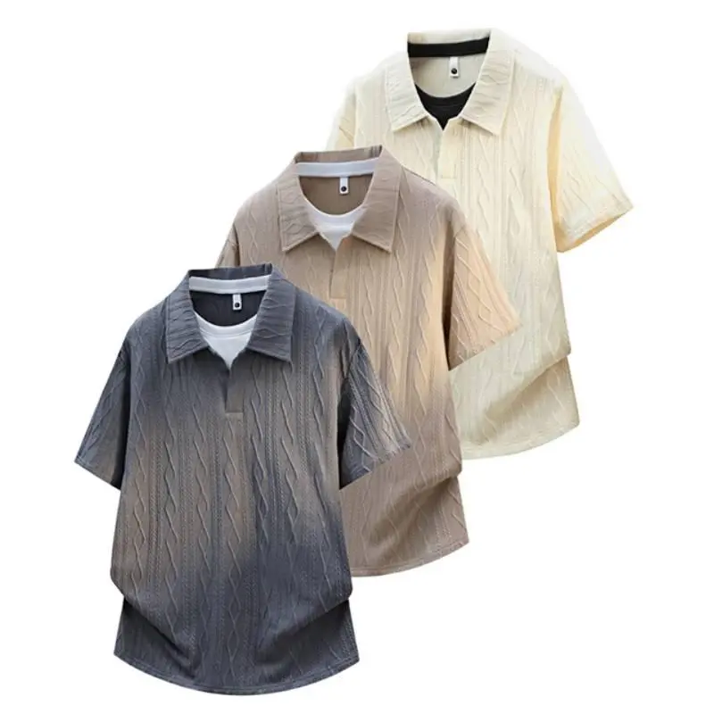 Men's Plus Size Casual Polo Shirt, Cable Textured Loose-Fit Short-Sleeve Polyester Top for Summer Streetwear, Menswear, Shortsleeve, Machine Wash, Medium Length, Textured Cable