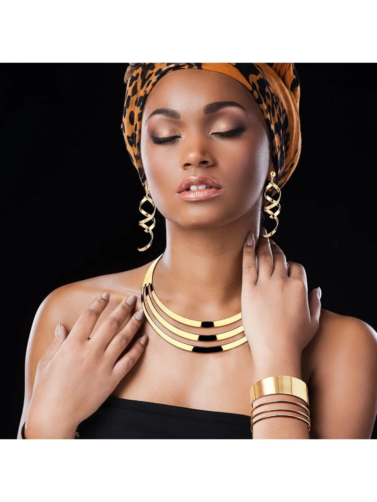 Bib Choker Necklace Set for Women Wide Cuff Bangle Bracelets Long Statement Dangle Earrings African Costume Jewelry Set