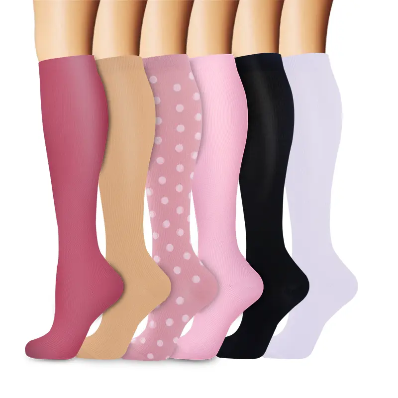 6 Pairs Assorted Solid Color & Polka Dot Compression Socks, Breathable Sweat-Wicking Wear Resistant Fabric Delivering All Day Comfort for Nurses Standing All Day and Daily Wear