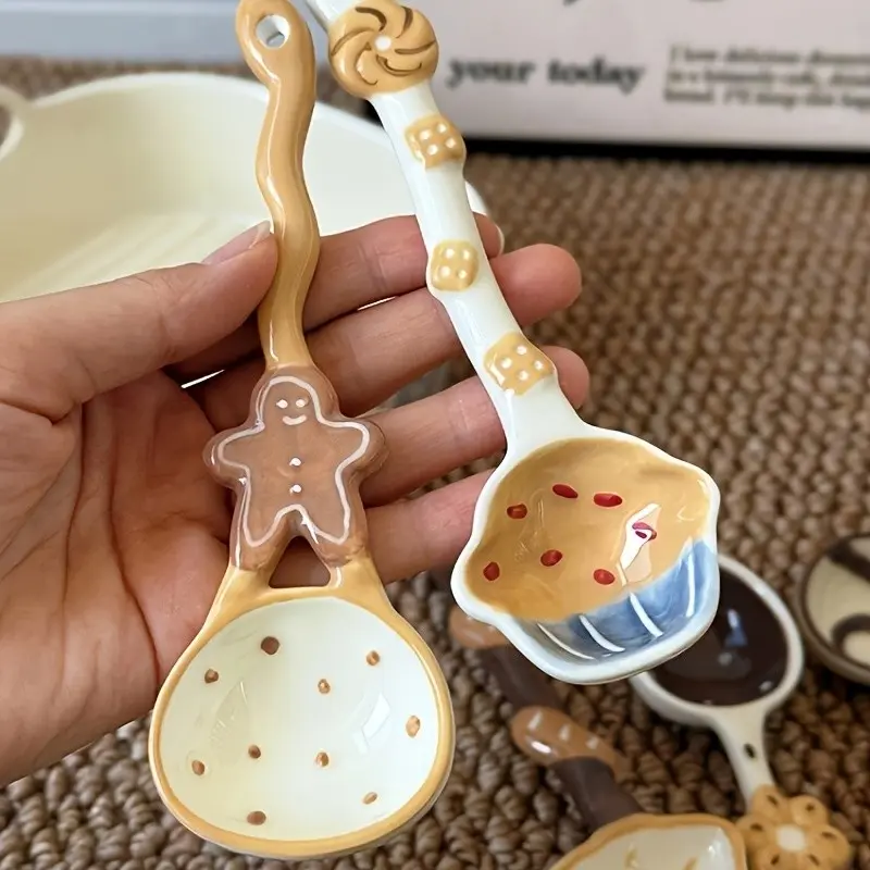Cute Cartoon Ceramic Spoons, Cutlery, Long Handle Design, Perfect for Soup, Desserts, Ice Cream, Coffee, Daily Kitchen Use, Ideal Home Tableware