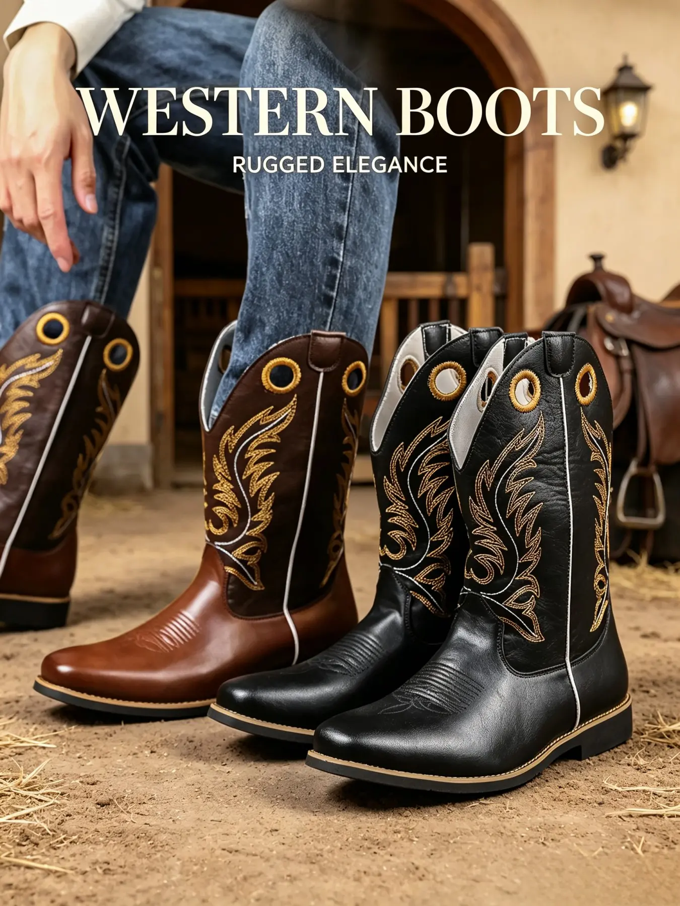 Men's Retro Western Cowboy Embroidered Mid-Calf Boots, PU Leather Square Toe, Ethnic Pattern, Casual All-Season Footwear