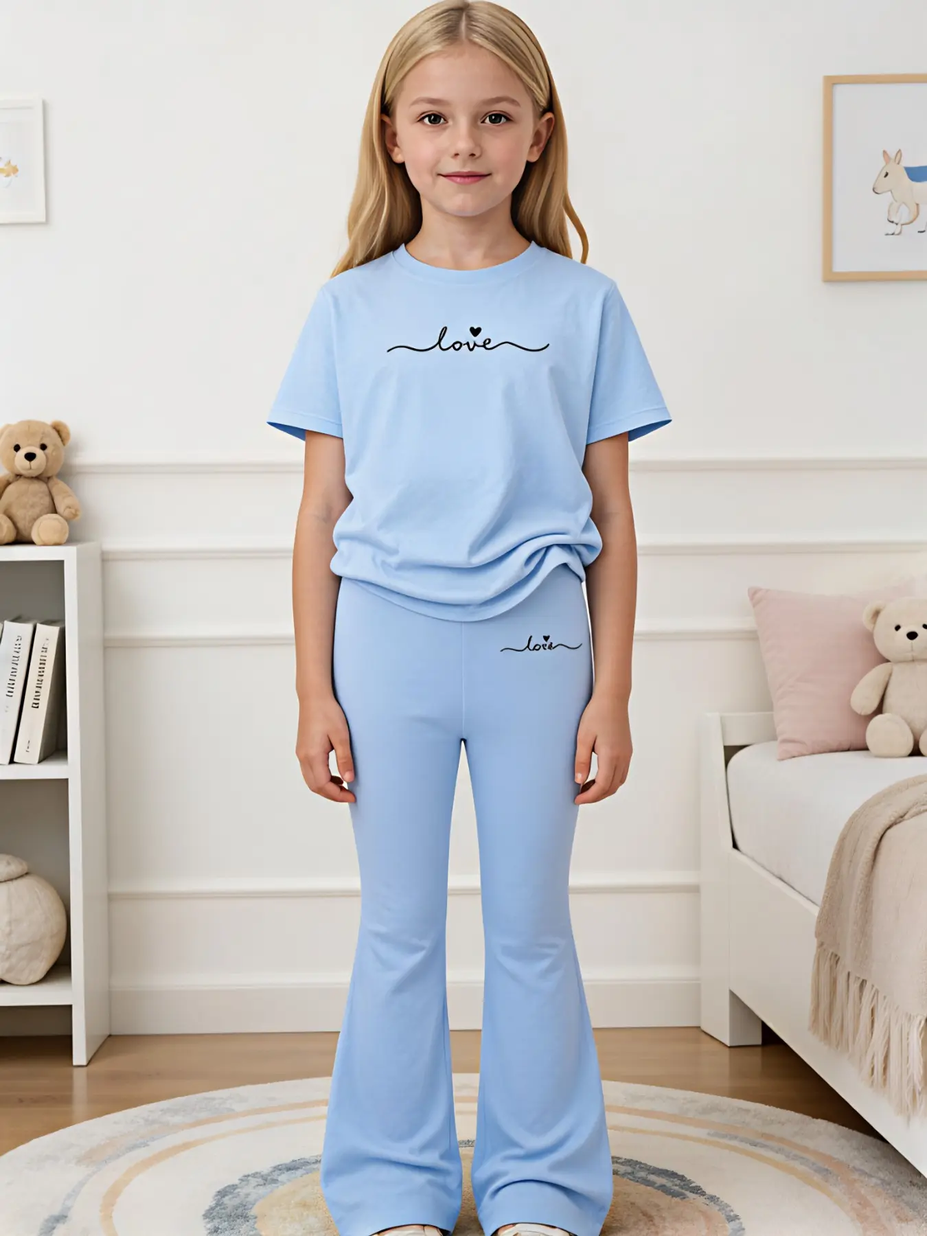 Minimalist Instagram-style girls' casual set—flattering, slimming, and drapey. Features light blue short-sleeve top with lettering embroidery and slightly flared pants. A simple, must-have children's style