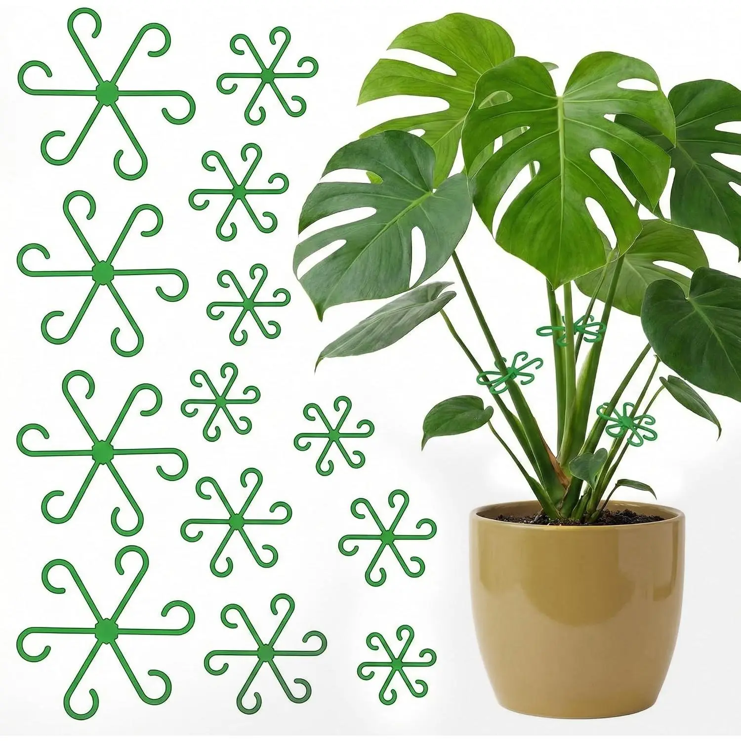 16 count  Stem Support Clips for Indoor Climbing Houseplants | 4 sizes  green stem holders.  for Monstera, Orchid, Pothos & vines. Sturdy support for  growth.