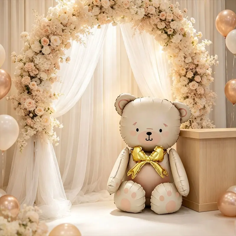 2-Pack Button Bow Bear Aluminum Balloons, Perfect for Baby Shower, Baptism, First Birthday, Sweet Shop Decor, Kids Room, Wedding, Anniversary