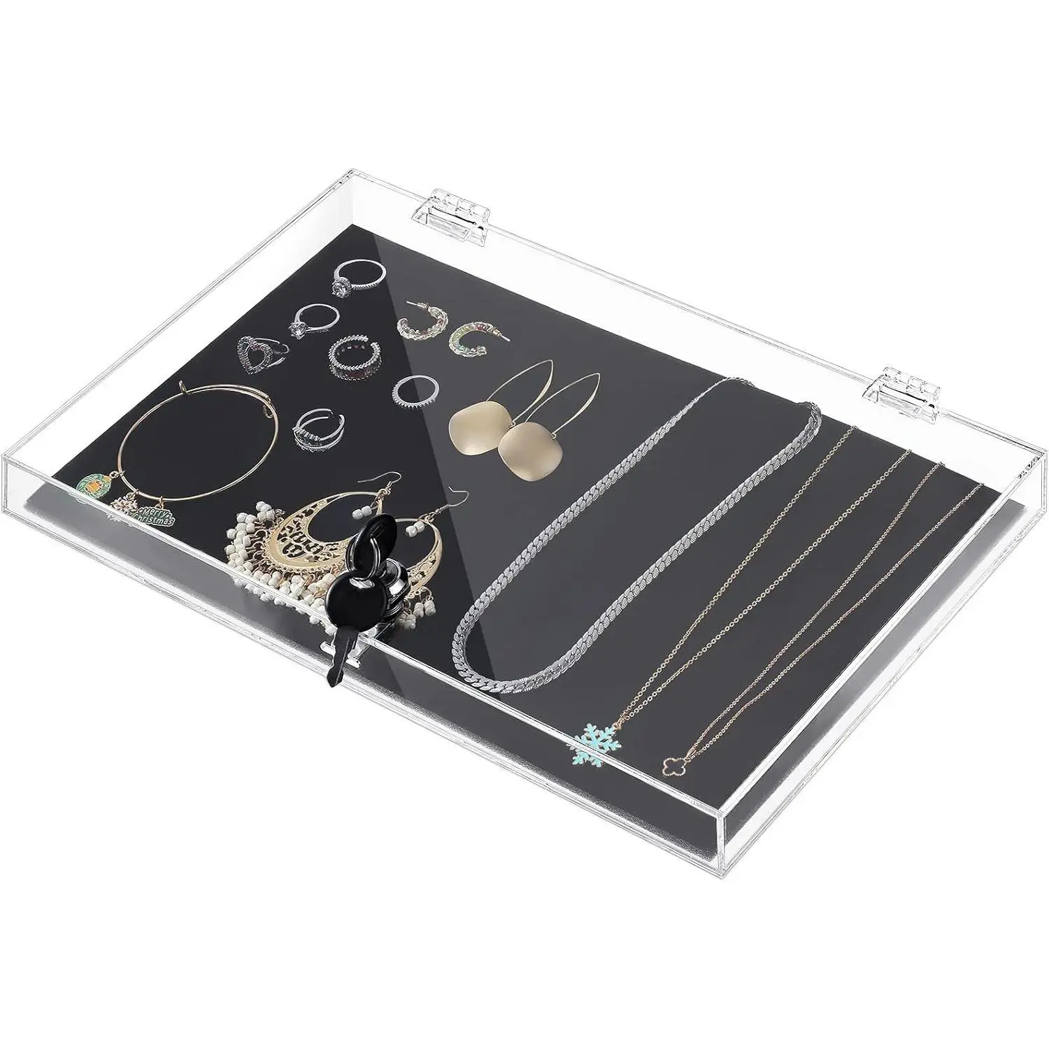 Weysat Clear Acrylic Locking Display Case, Rectangular Security Showcase Organizer Tray with Lock, Key & Padding for Jewelry, Knives, Pocket Knives & Collectibles