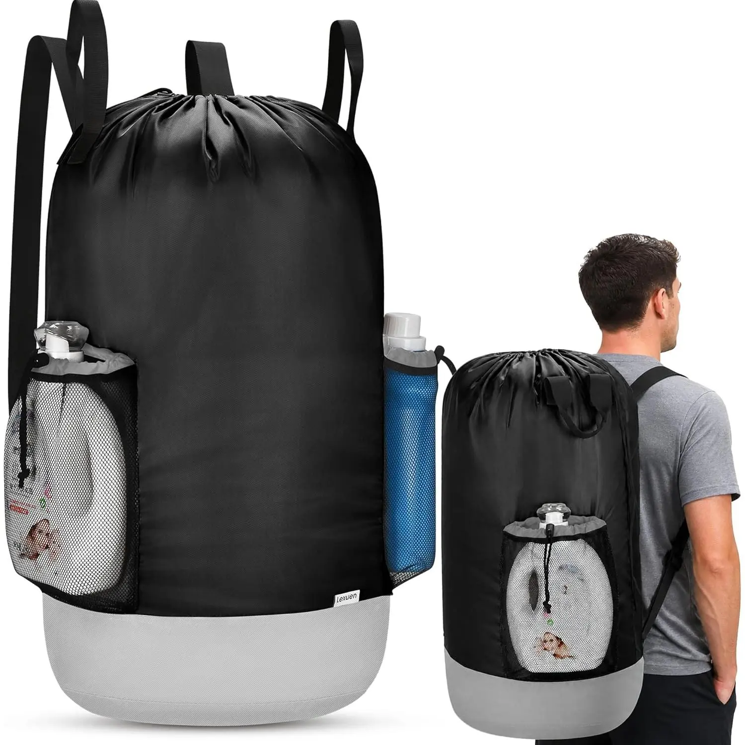 Mesh Washable Large Laundry Backpack Bag (29" H x 15" Dia), Waterproof 900D Oxford Fabric Body with Double-Layer Nylon Base, Ideal for College Dorm, Travel (Black)