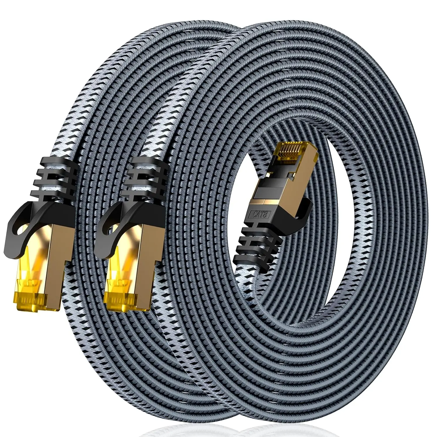 Cat 8 Ethernet Cable 15 FT 2 Pack, 40Gbps 2000Mhz High Speed Cat8 Network LAN Patch Cord, Nylon Braided Heavy Duty Shielded RJ45 Flat Internet Cable for Indoor Outdoor - 15 Feet (Grey)