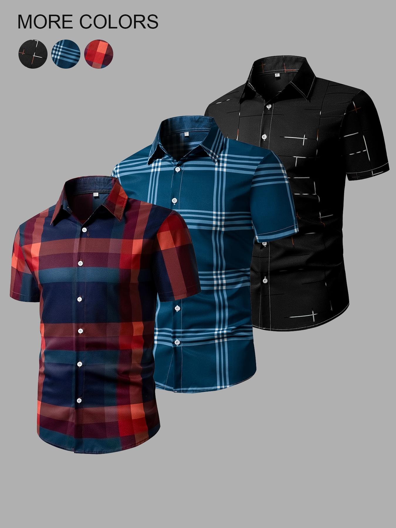 Men's Random Plaid Print Short Sleeve Shirt, Casual Party Shirt, Casual Regular Fit Button Collared Top for Summer, Men's Clothes for Daily Wear