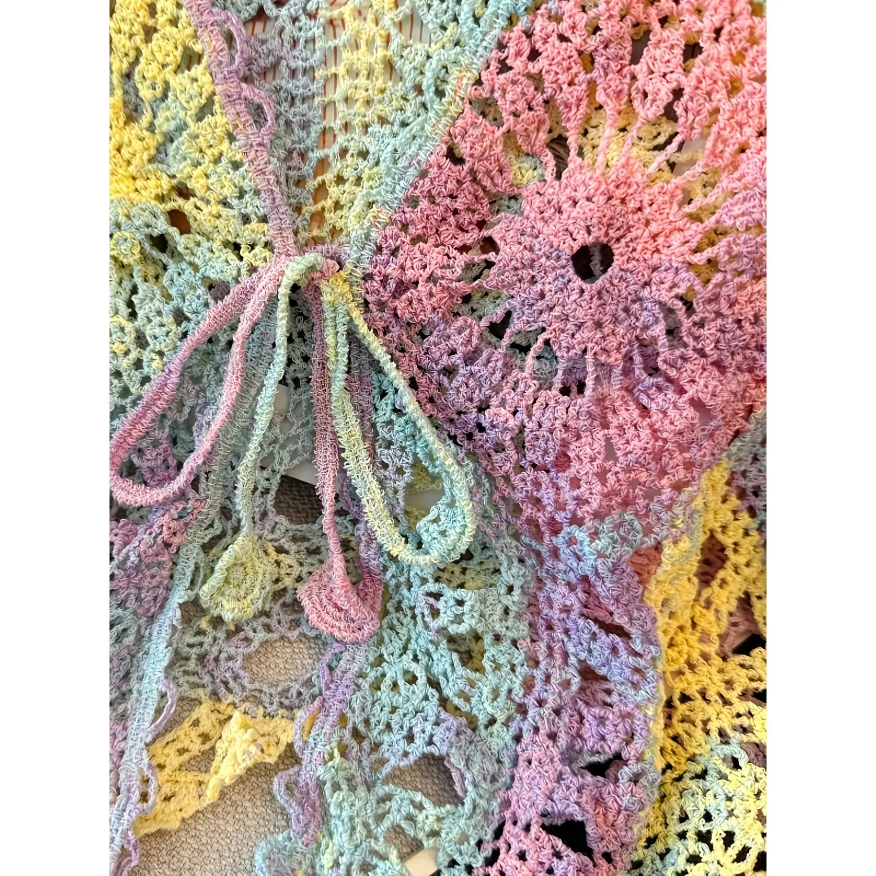 Rainbow Gradient Dopamine Crochet Floral Design Openwork Long-sleeve Cropped Cardigan Top