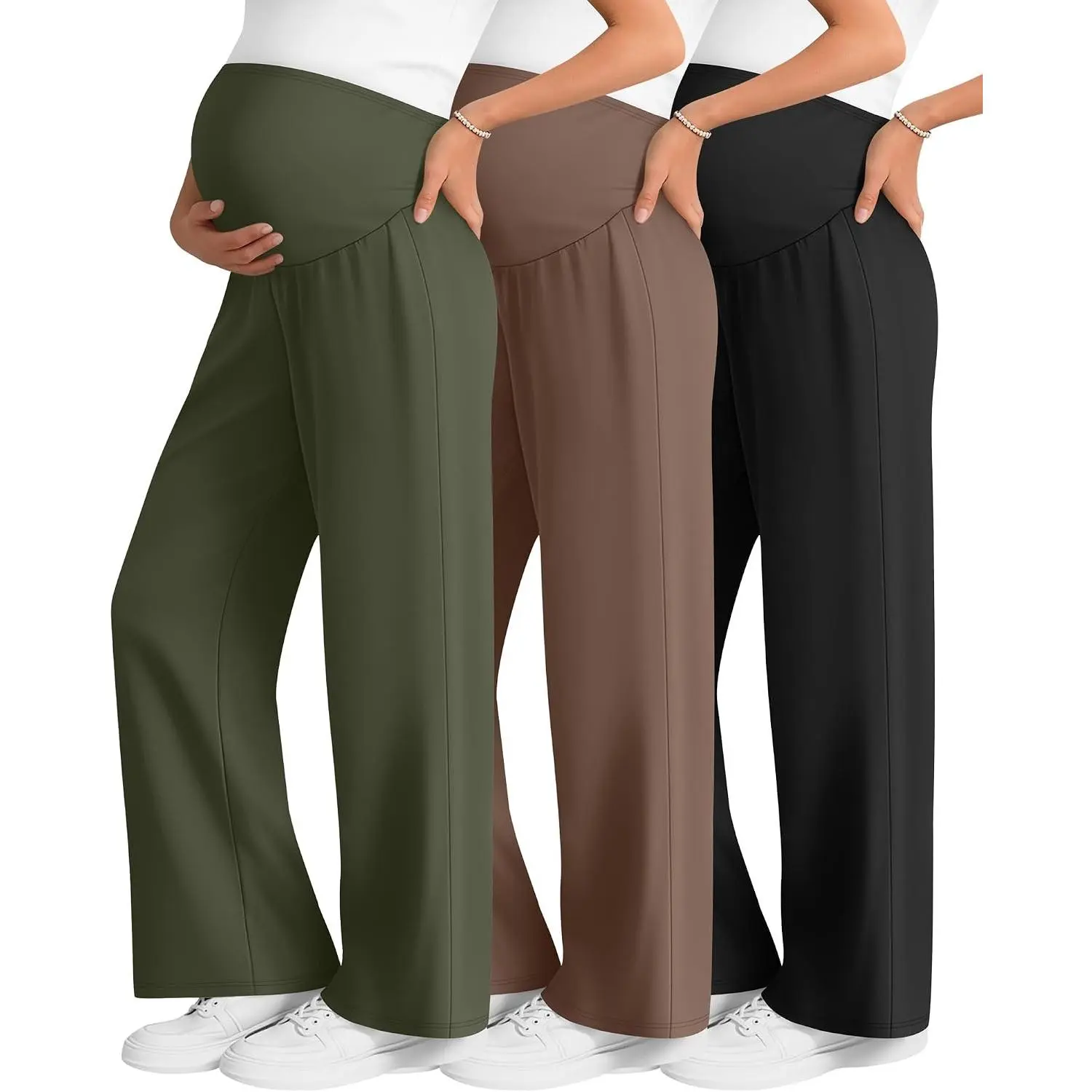 3 Pack Women's Maternity Lounge Pants Wide  Over The   Pajama Pants Loose Casual Trousers(Army Green, Coffee, Black,X-Large)