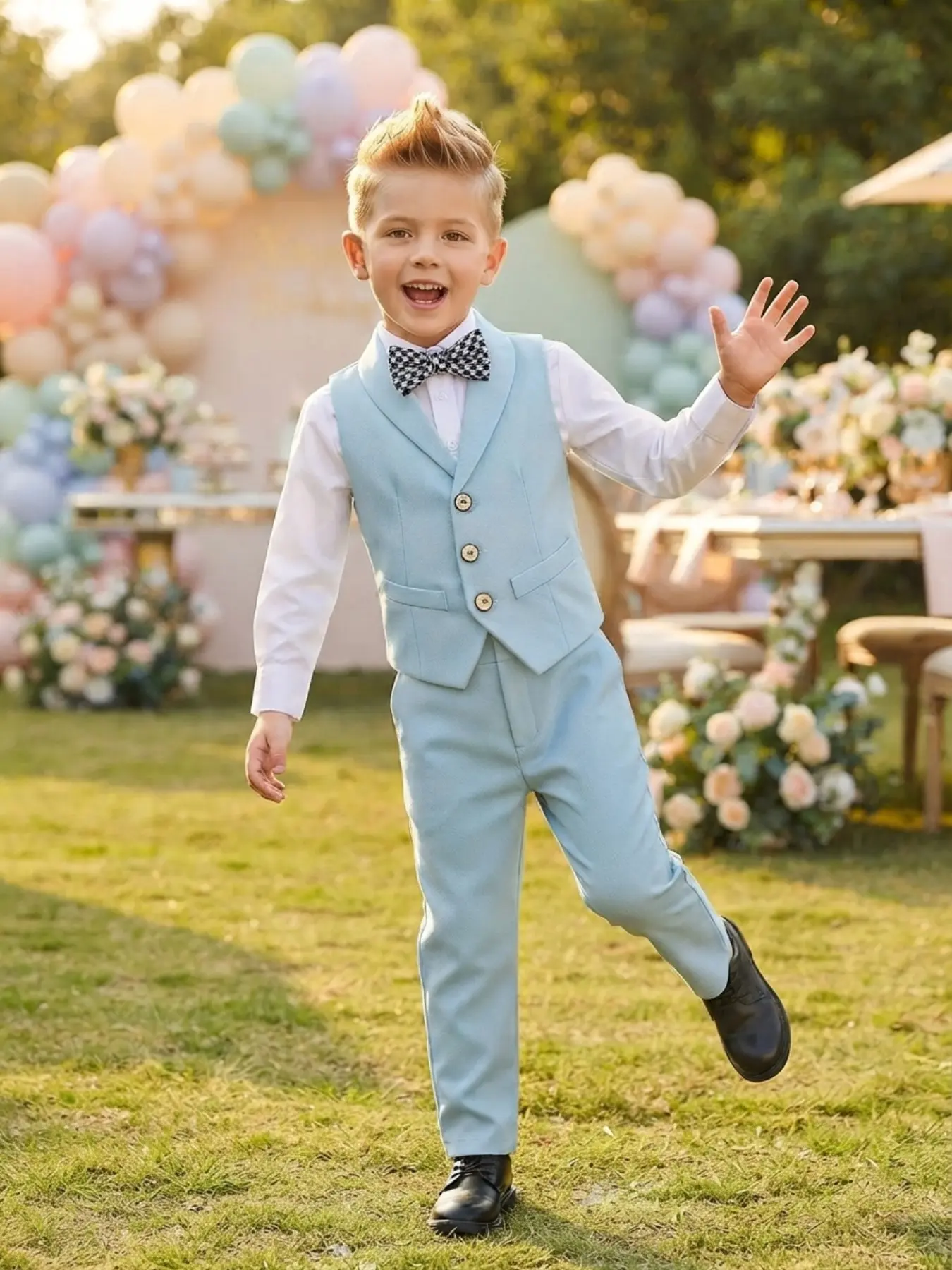 Boys Preppy Style 3-Piece Suit Set Boys Formal Suit Vest + Trousers + Bow Tie Minimalist Premium Silhouette 4 Colors for Different Styles Ideal for Primary School Grad Photos School Events No Shirt Included