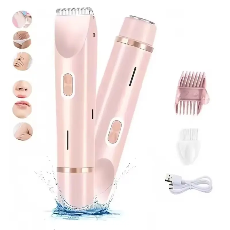 2-in-1 Electric Shaver, Dual-Head Bikini Trimmer for Women, USB Rechargeable Full-Body Hair Removal Razor for Underarm, Leg and Body, Waterproof Portable Multifunctional Hair Trimmer Shaver Body Hair Trimming