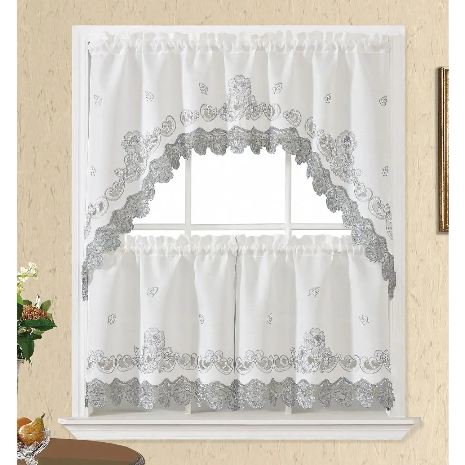 Lace Rosarium Kitchen Curtains, 3 count Kitchen Curtains and Valances Set, Elegant White Fabric with Rose Embroidery and Lace. (Grey, Swag and 22 inches Tiers Set)