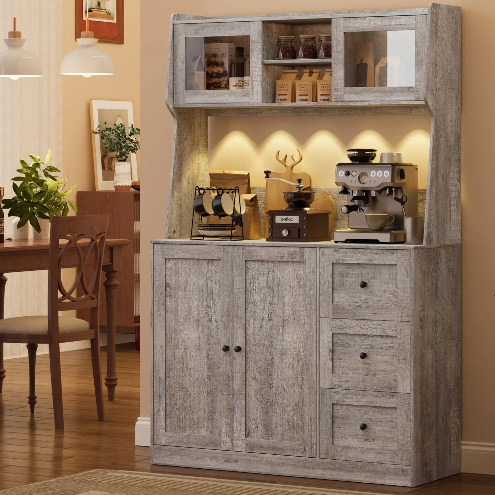 67" Kitchen Pantry Cabinet with Microwave Shelf, Coffee Bar Cabinet with 3 Drawers and LED Lights, Freestanding Food Pantry with Countertop for Living Dining Room