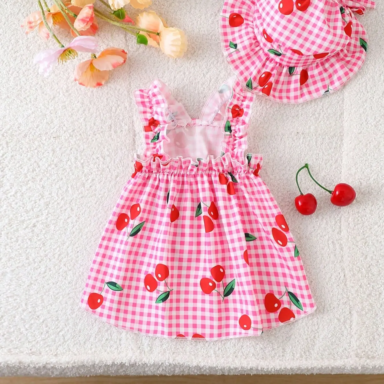 Classic Plaid Cherry Print Dog Dress Set with Hat, Adorable Cat and Dog, Cute Stylish Pet Clothing for Special Occasions