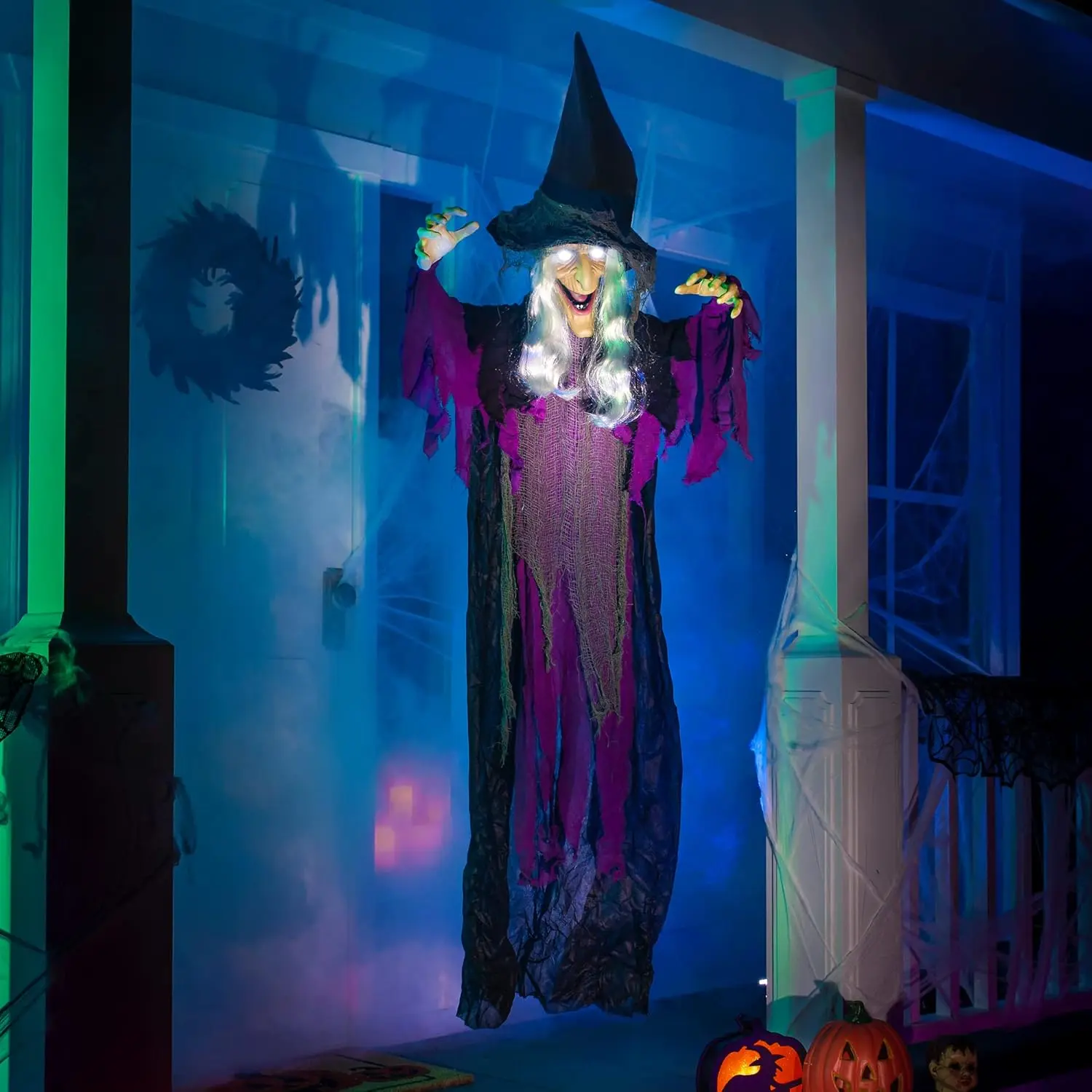 72" Purple Halloween Hanging Witch Outdoor Decorations, Flying Talking Ghost with Light Up Eyes Sound Activated, Indoor Outdoor Haunted House Prop for Lawn Yard Garden