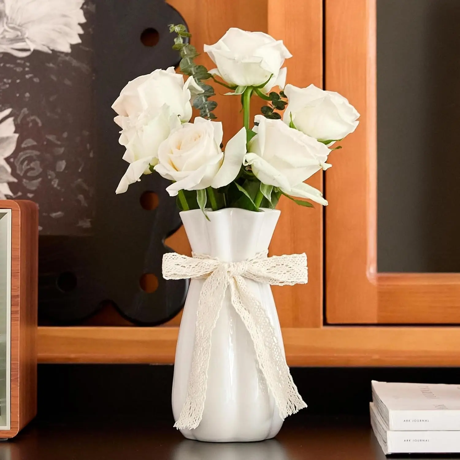 White Ceramic Flower Vase, 8 inch Modern Minimalist Boho Decorative Centerpiece Vase for Home Decor, Farmhouse Table Bedroom Living Room Office WeddingGift