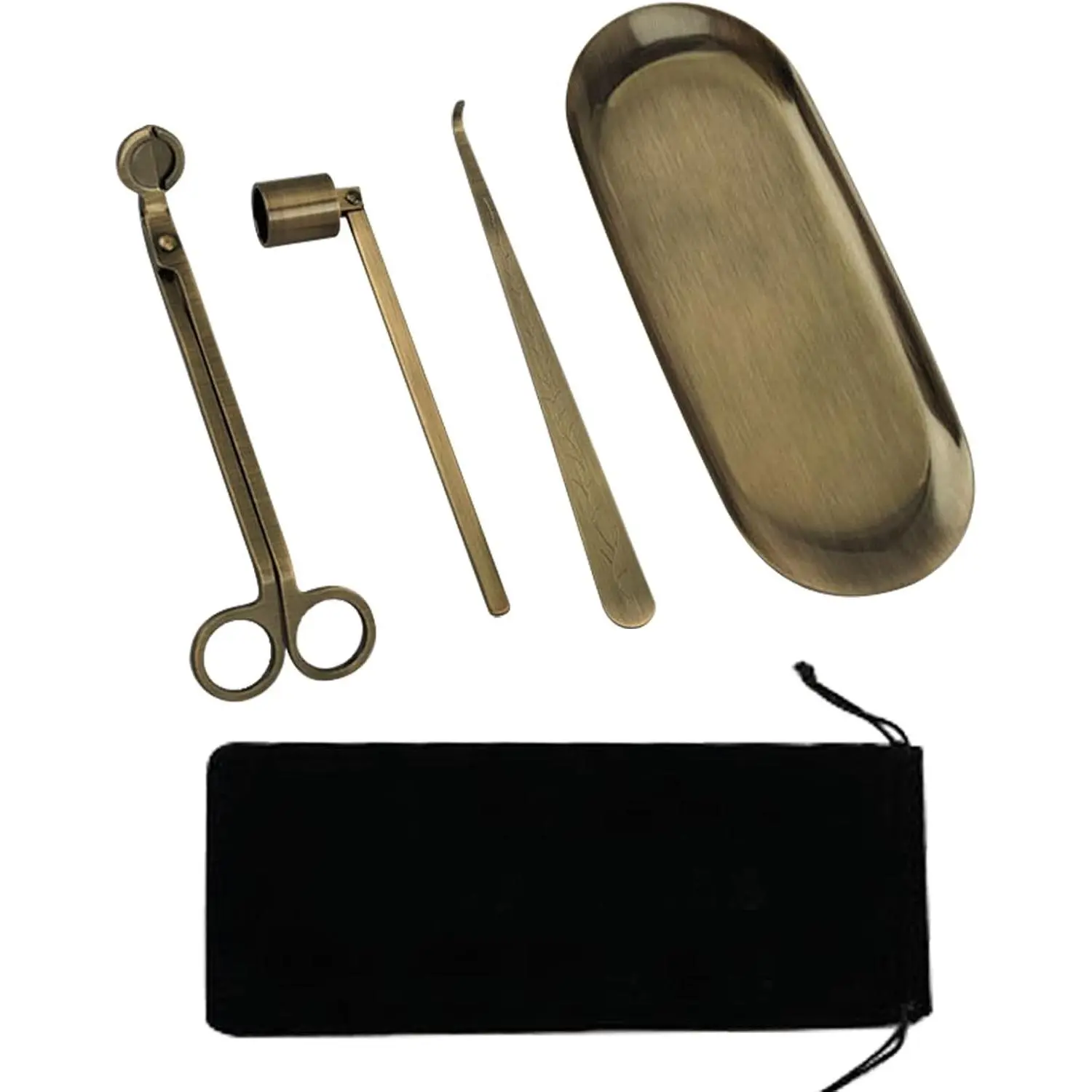 4 in 1 Candle Accessory Set, Candle Snuffer, Candle Wick Cutter, Candle Dipper, Storage Tray Plate, Candle Care Kit with Velvet Pouch for Candle Lover (Bronze)