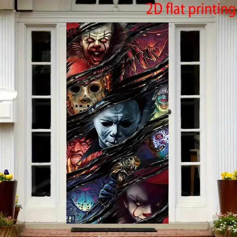Halloween Party Entrance Decoration, 2D Flat Door Banner Background, Backdrops, Spooky Horror Movie Classic Characters Theme, No Power Needed, Multiple Sizes Available