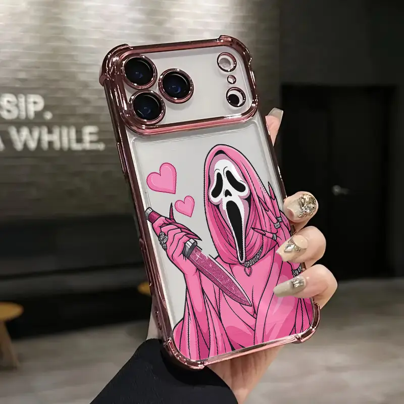 Cute Cool Pink Mask Heart Dagger Pattern Phone Case Luxury Acrylic Transparent Skin friendly protection anti slip shockproof wear resistant For iPhone 17 Air 16 Pro 15 14 Plus 13  Pro Max 12 11 Samsung Galaxy S26 S25 Ultra S24 S23 Plus Phone Case, Smartph