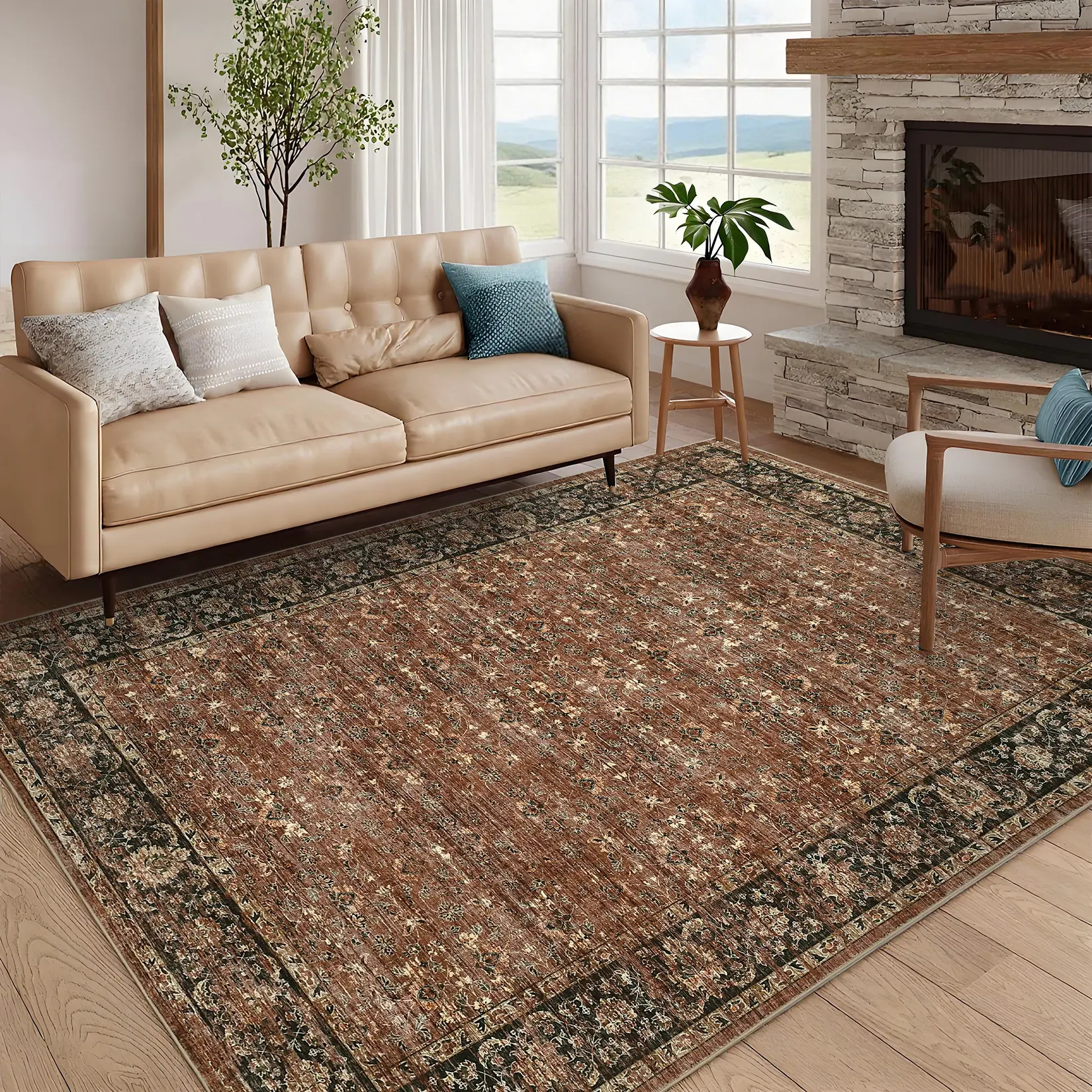 Washable Vintage Area Rug for Living Room, Distressed Floral Print Accent Bedroom Rug Low Pile Ultra Thin Dining Room Carpet Stain Resistant Oriental Throw Rugs for Home Decor
