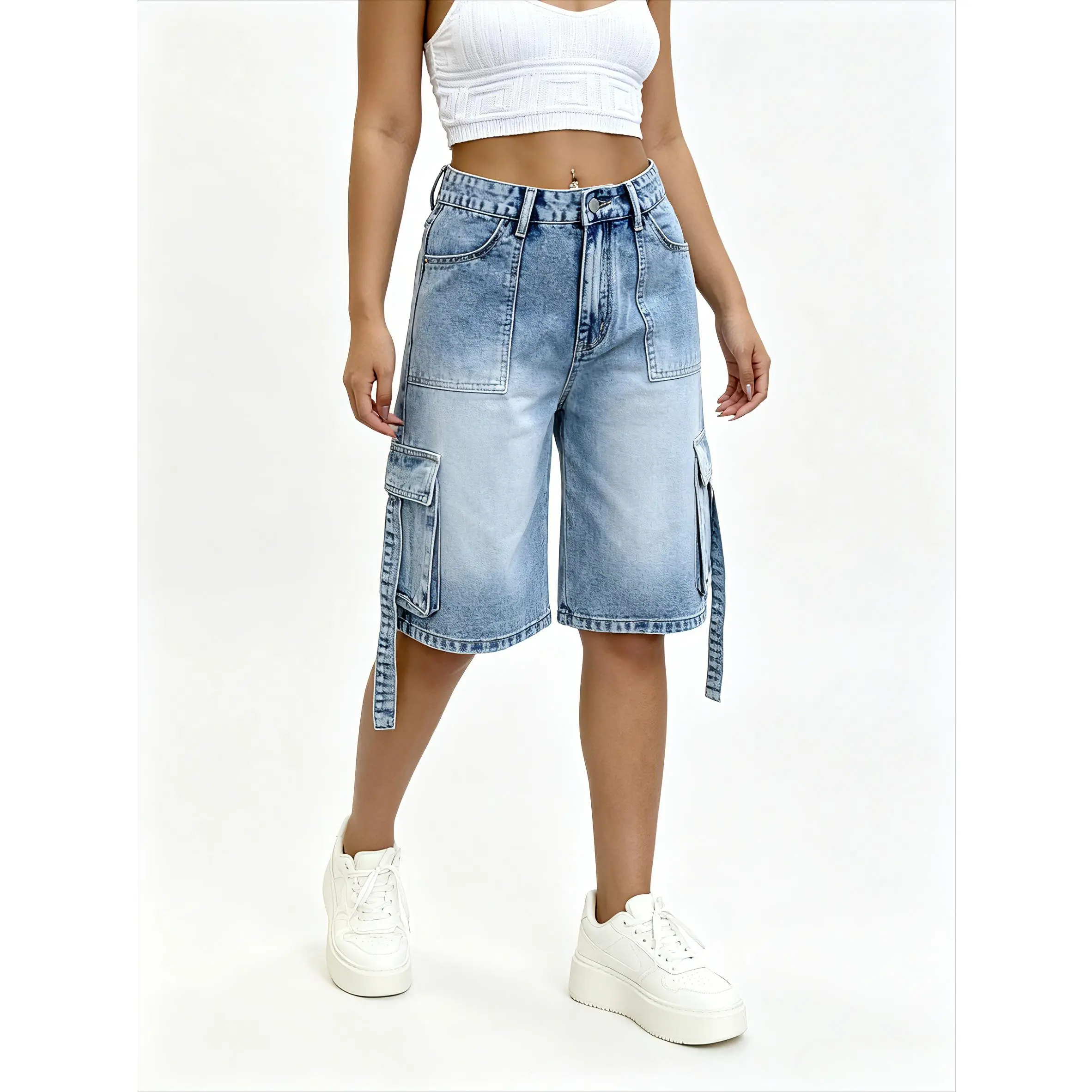 Women's Non-Stretch Loose-Fit Jean Shorts, Over-the-Knee Length Washed Bottoms with Side Pockets, Button Closure for Holiday Wear, Jean Shorts For Women Womenswear Fitted, Colorwash Shorts,back to school shopping