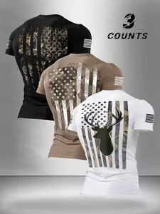 Men's Summer Casual Streetwear Camouflage Deer Flag T-Shirt 3-Pack, Loose-Fit Round Neck, Soft and Versatile, Ideal for Outdoor Activities