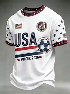 Summer Fan Mesh Quick-Dry Fabric Usa Large Letter Dynamic Soccer Jersey, Loose Fit Men's Round Neck Short Sleeve T-Shirt, All Seasons Sporty Style