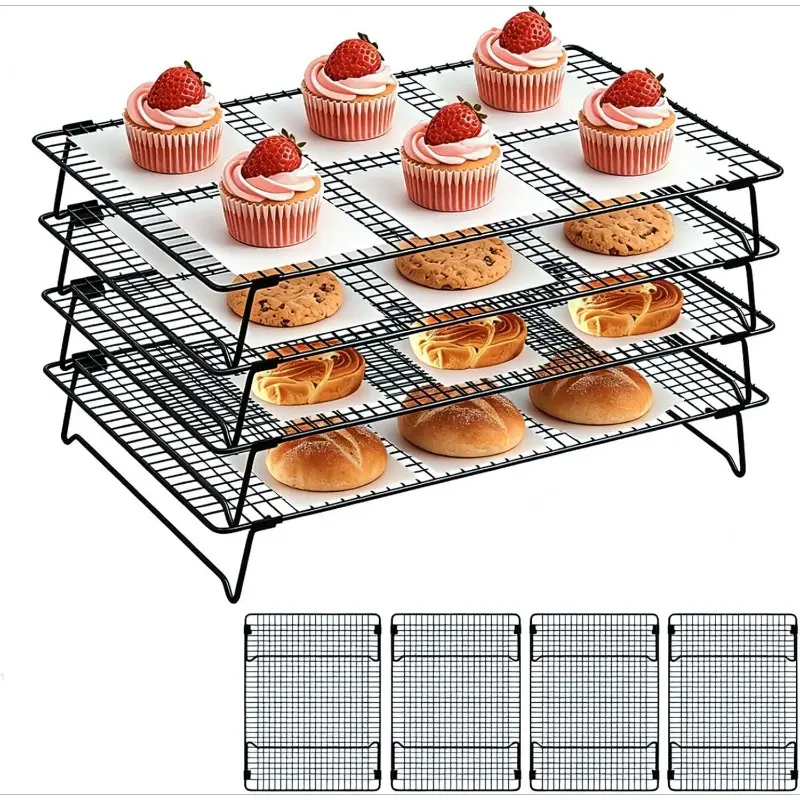 4-Tier Stainless Steel Cooling Rack Stackable Baking Cooking Racks for Cooling Roasting Grilling, Collapsible & Heavy Duty, Oven Safe & Easy Clean