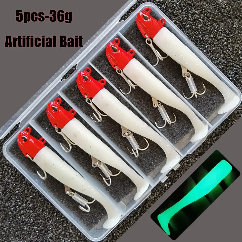 5-Pack 36g Lead Head Soft Bait Lures, Glow-In-The-Dark UV Effect, Ideal for Mackerel, Sea Bass, Snapper Fishing, Realistic Lure Design