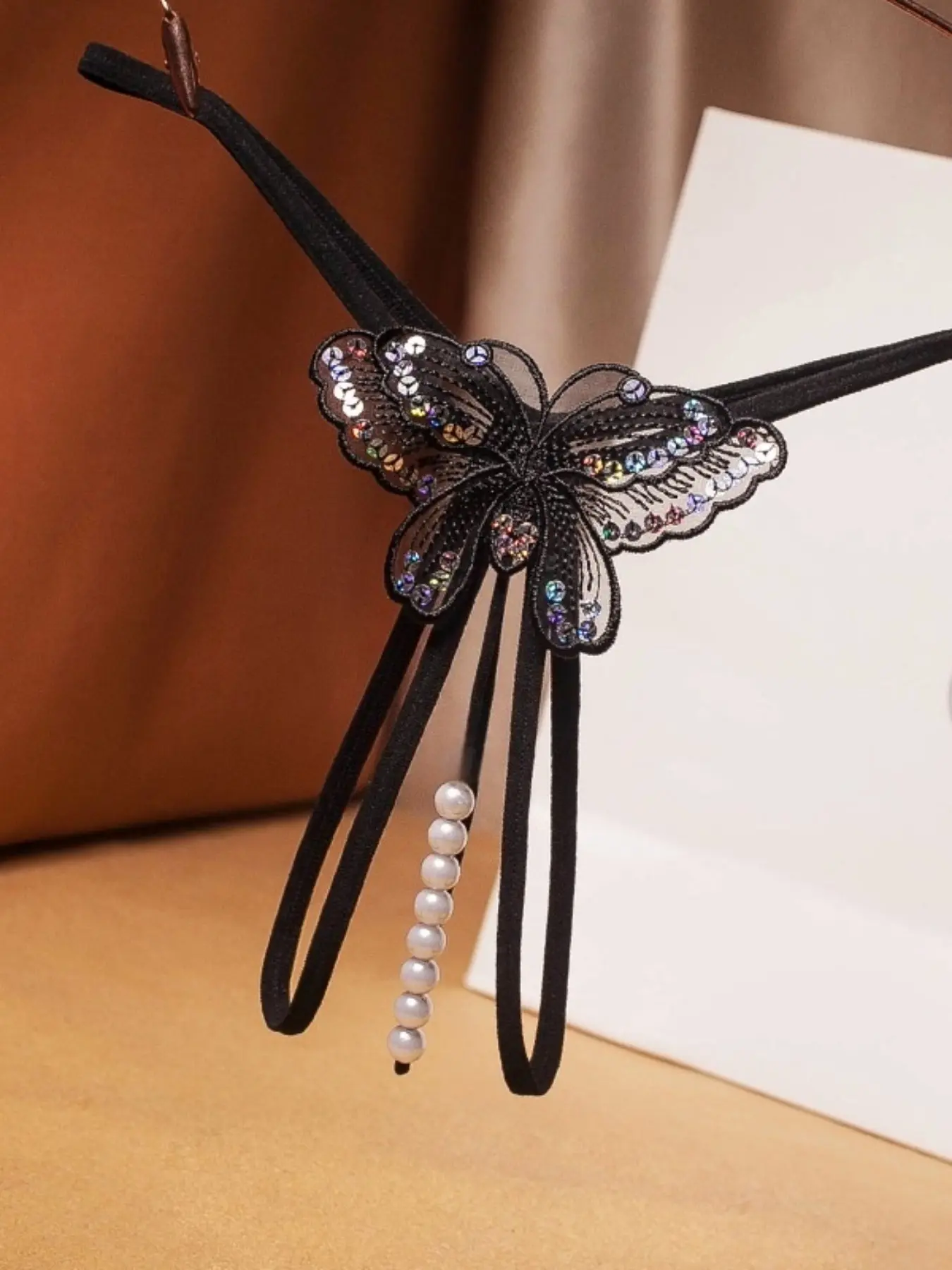Fashion Women's Sexy Slim Lingerie G-String Panties, Butterfly Lace Cutout Embroidered Thong, Artificial Pearl String, Ideal Gift Choice