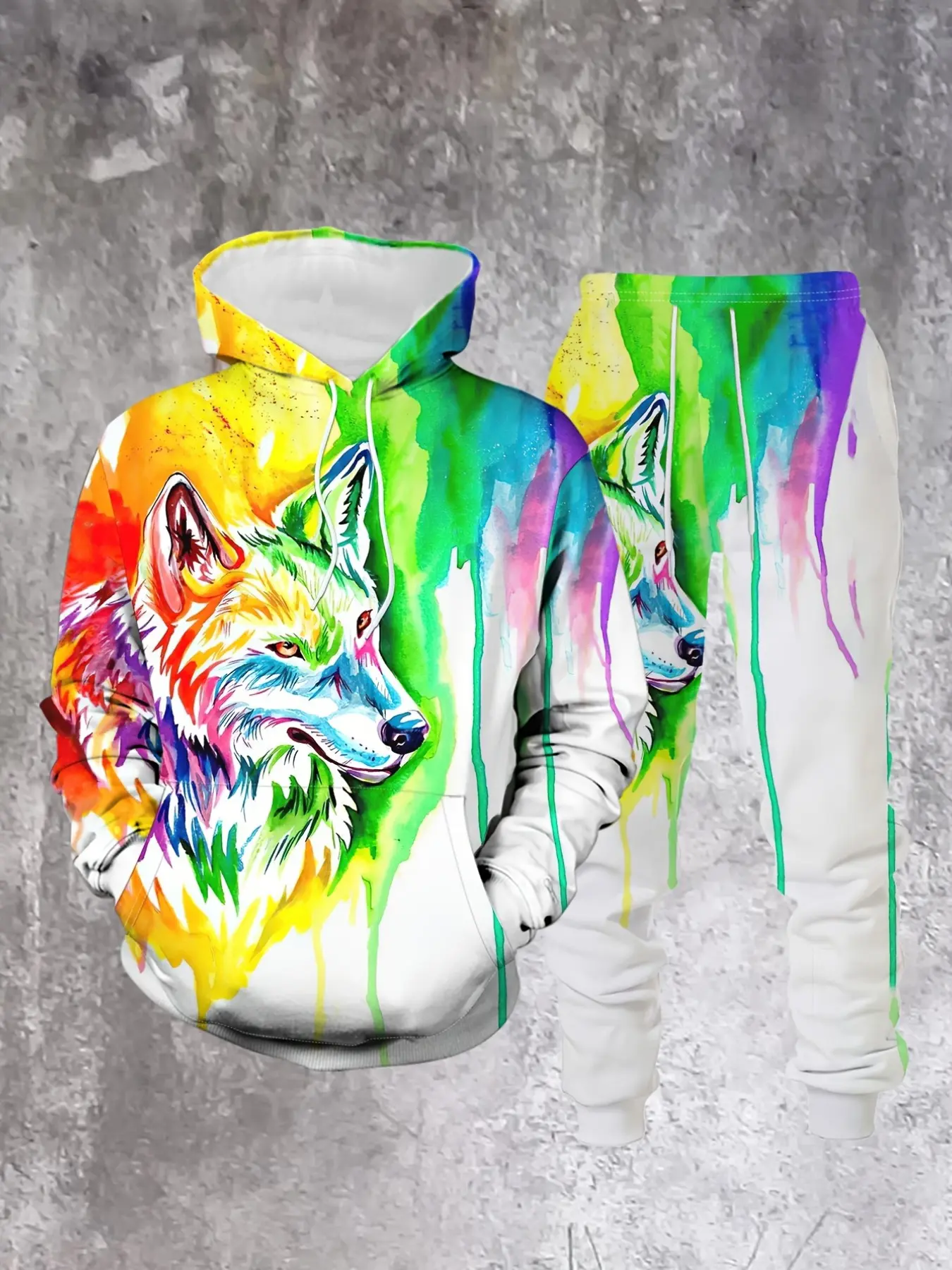 Gradient Rainbow Wolf Face Print Hoodie Set, Colorblock Watercolor Flow Drawstring Hoodie, Ankle-Length Pants, Casual Daily Wear