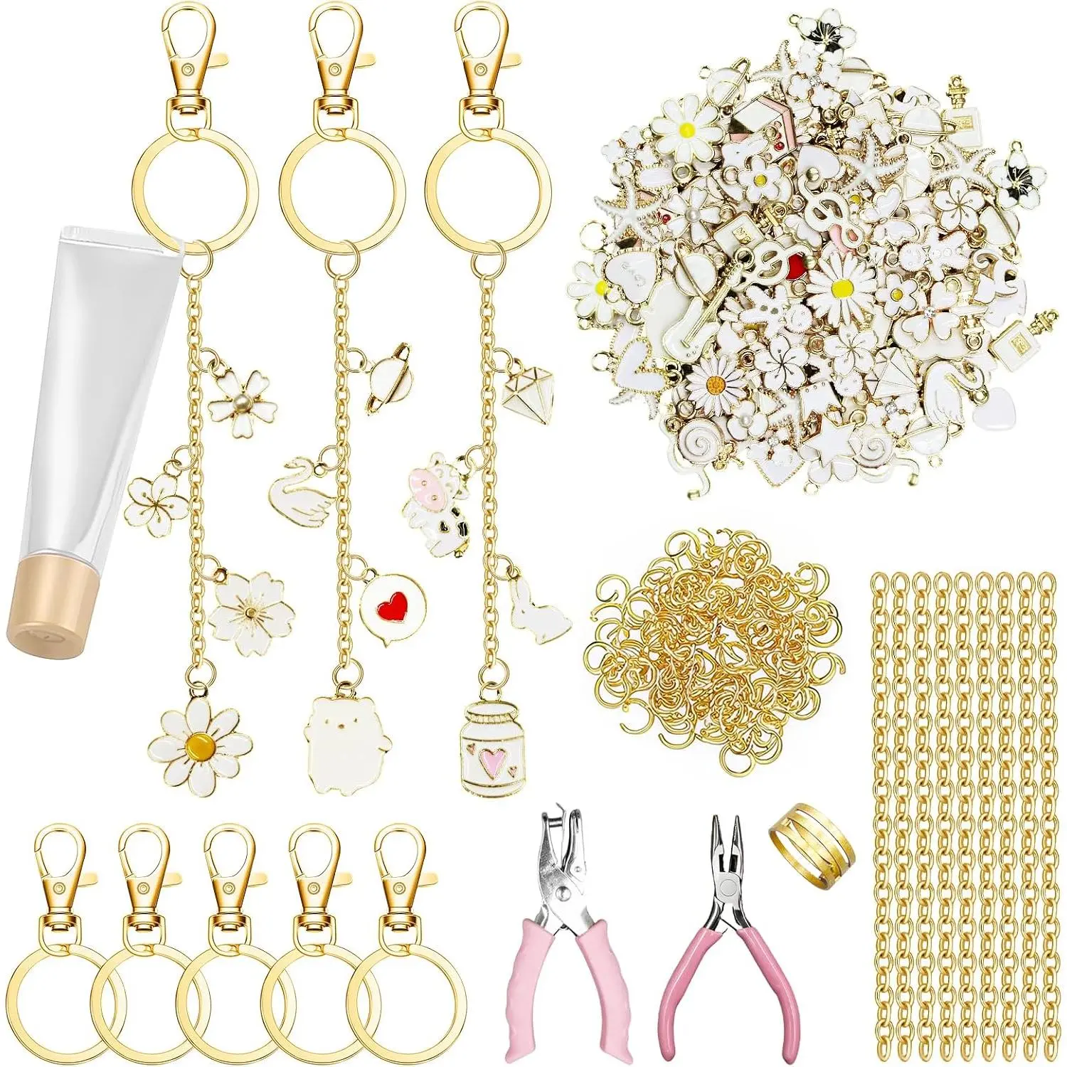 303 count DIY Lip Gloss Charms  Kit 100 White Charms 20 Keychains 140 Jump Rings 20 Extender Chains 100 Hooks and Tools Bag Charm Kits Bracelet Making Kit for  Making Crafting
