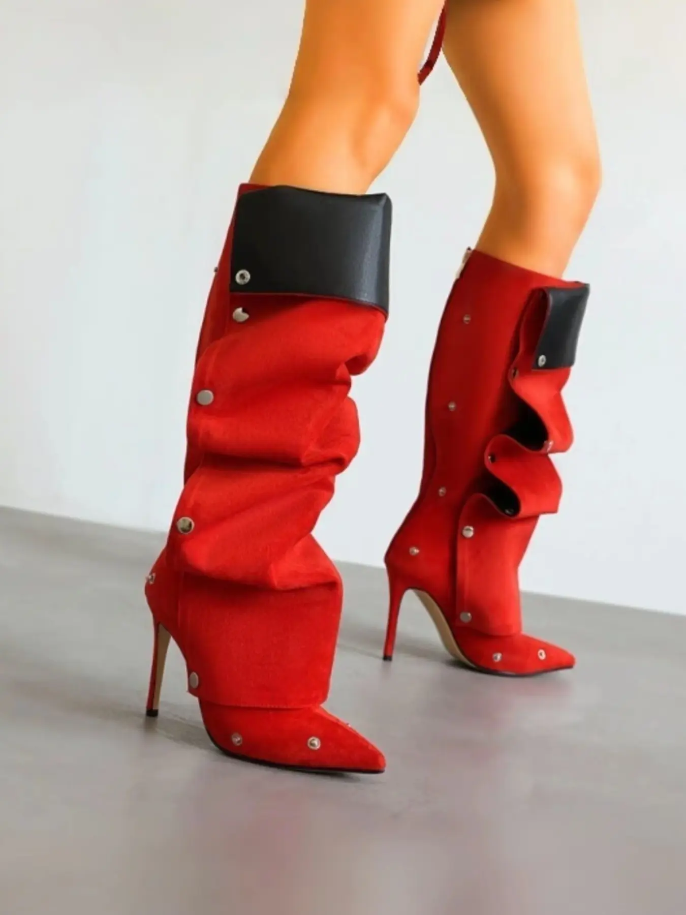 Women's High Heel Elastic Boots, Pleated Shark Boots, Pointed Toe, Detachable Buckle, Silver Color Button, Zipper Closure, Comfortable Fashion Shoes