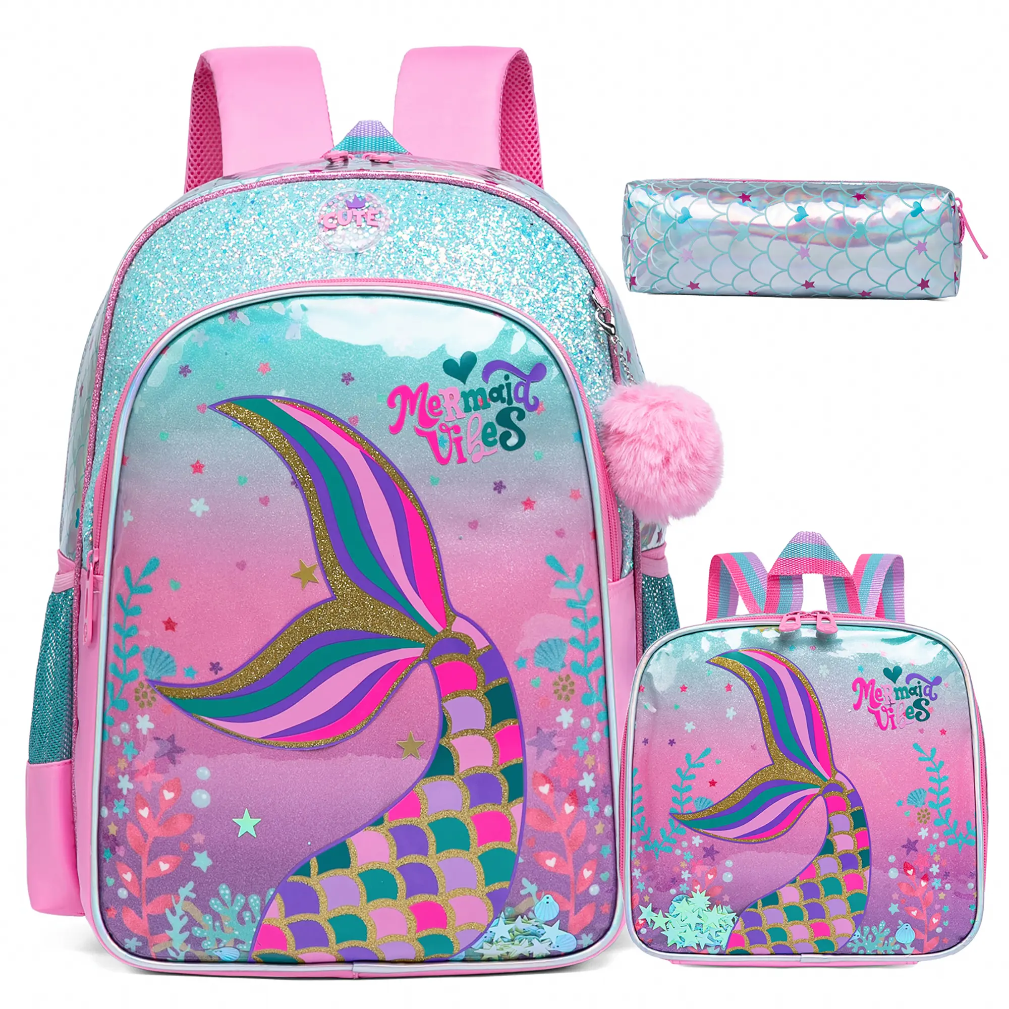 Girls' 3-Piece Polyester Multi-Function Mermaid Backpack Set - Cute Pink Pastel Shimmering Glitter Bookbag with Insulated Lunch Box, Pencil Case for Kids