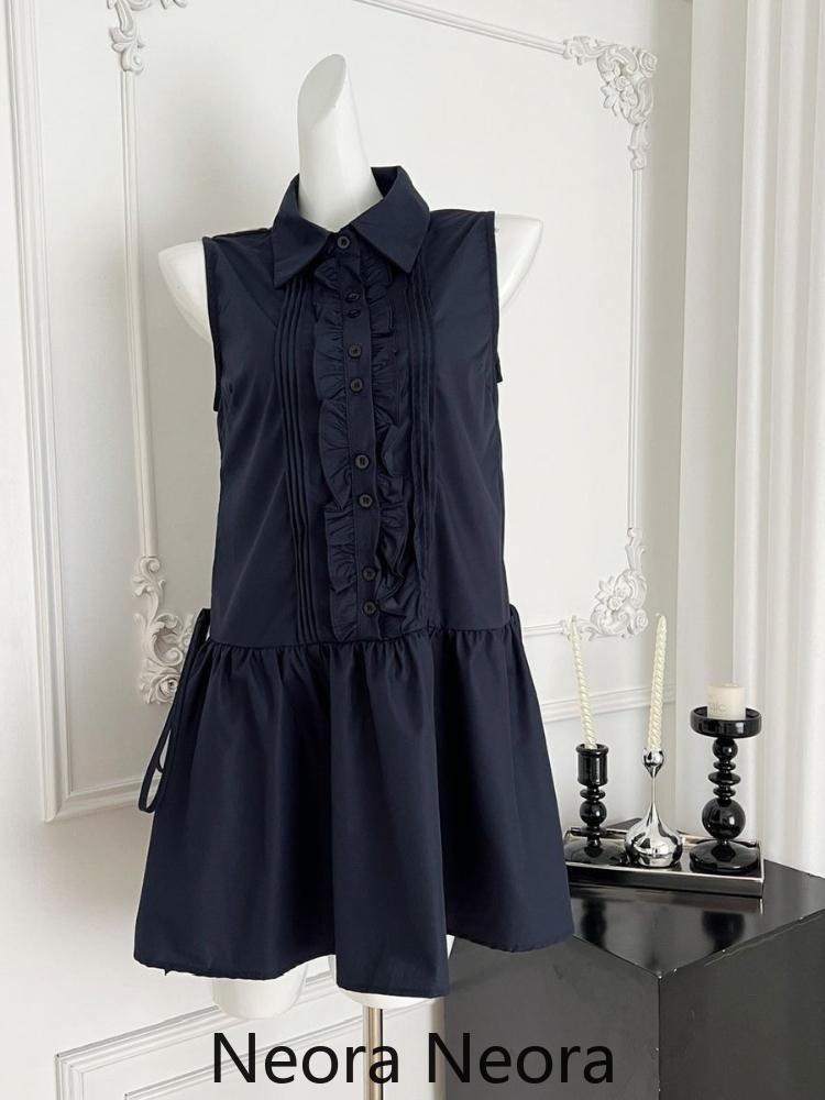 2025 Summer High Street Vintage Thin Dress Women Design Chic Loose Sleeveless Lapel Dresses Female Retro Casual Shirt Outfits