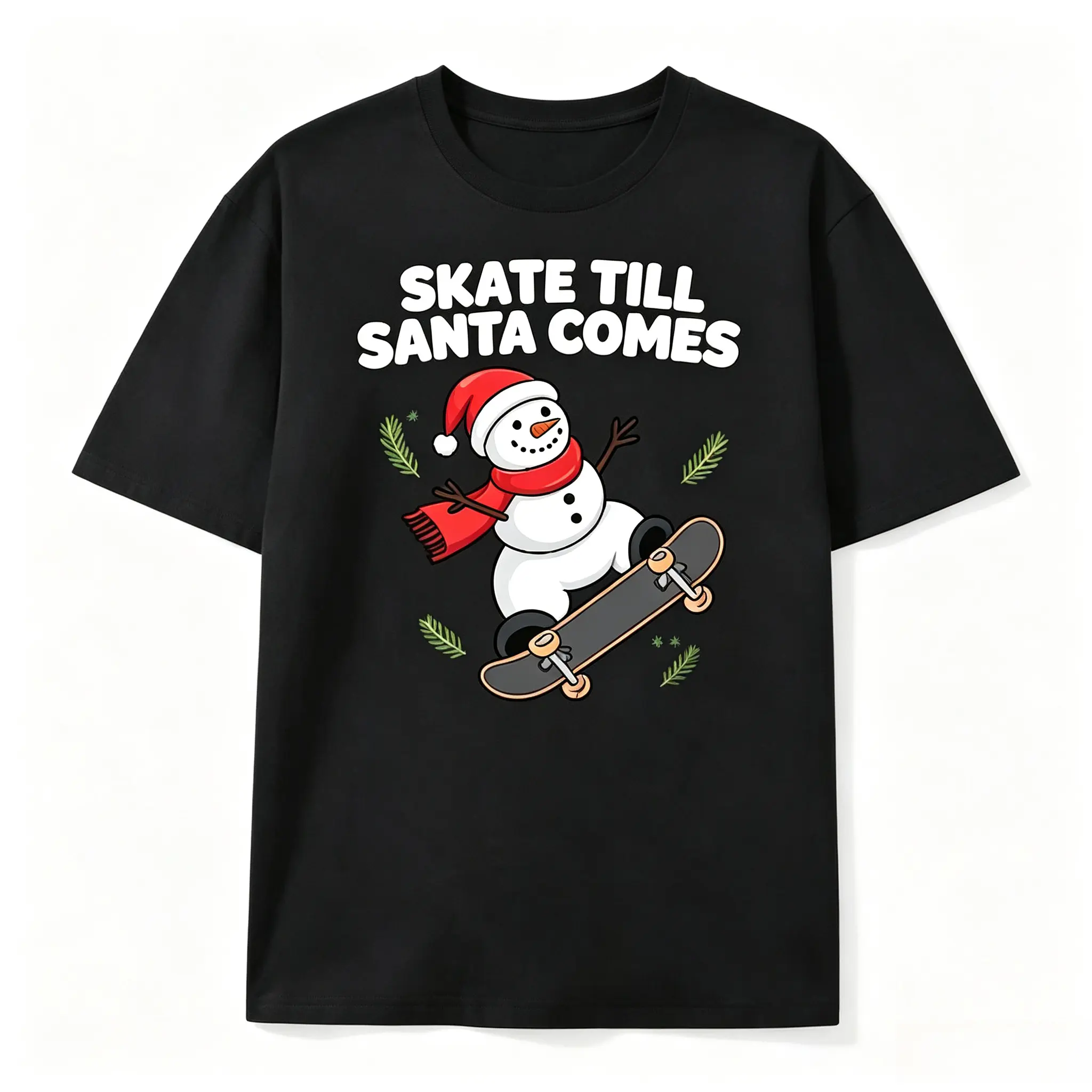Menswear Oversized Cotton Short-Sleeve T-Shirt - Skate Till Santa Comes Snowman Skate Christmas Graphic, Fashion Casual Tops, Cute Christmas Holiday Gift For Him Her