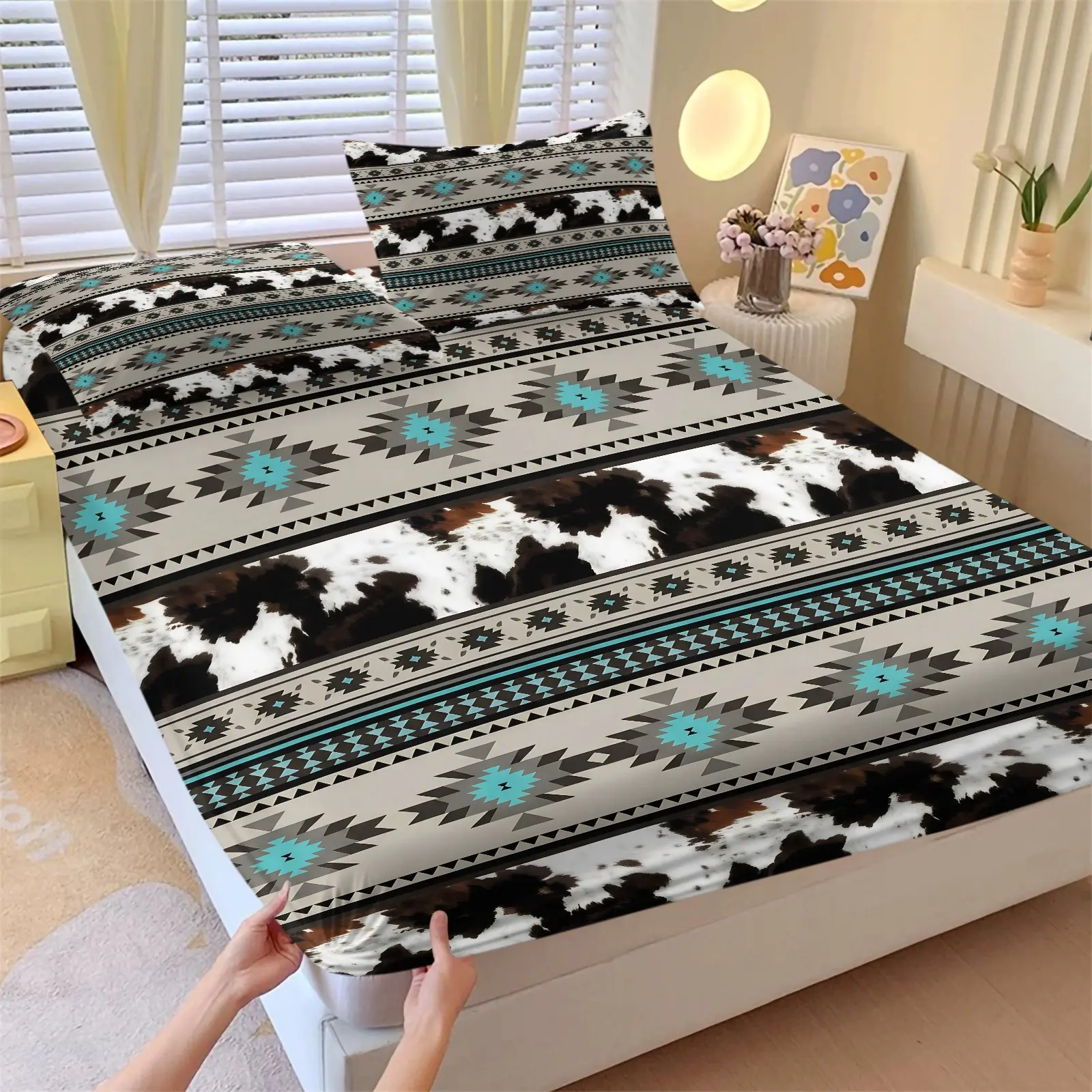 Western Aztec Cow Print Fitted Sheet Set 3 Piece with 2 Pillowcases, Southwestern Turquoise Geometric Deep Pocket Elastic Mattress Cover, Boho Cowhide Tribal Bedding, Soft Microfiber Non-slip Bedspread for Bedroom Decor Bedset