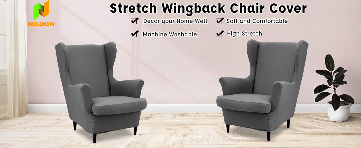 NILUOH Wingback Chair Cover 2-Piece Soft Stretch Wing Chair Slipcover Solid Color Armchair Sofa Couch Cover Furniture Protector with Elastic Bottom for Living Room Bedroom (Navy)