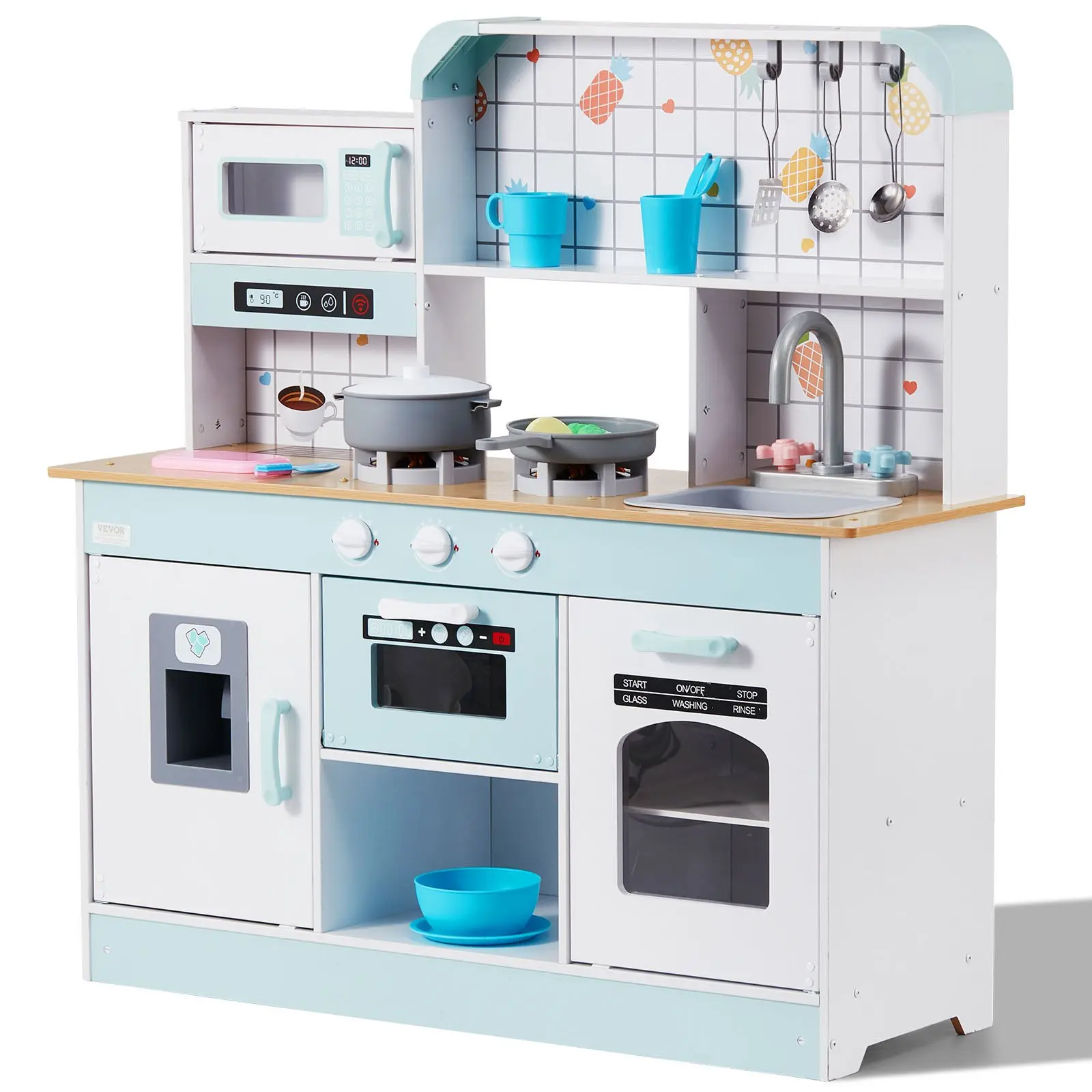 【DealsForYouDays】VEVOR Play Kitchen for Kids, Wooden Toy Kitchen Set with Lights and Sounds, Toddler Kitchen with Ice Maker, Oven, Sink, Microwaves, Fridge and Utensil and Fruit Accessory for Toddlers ages 3-8, White