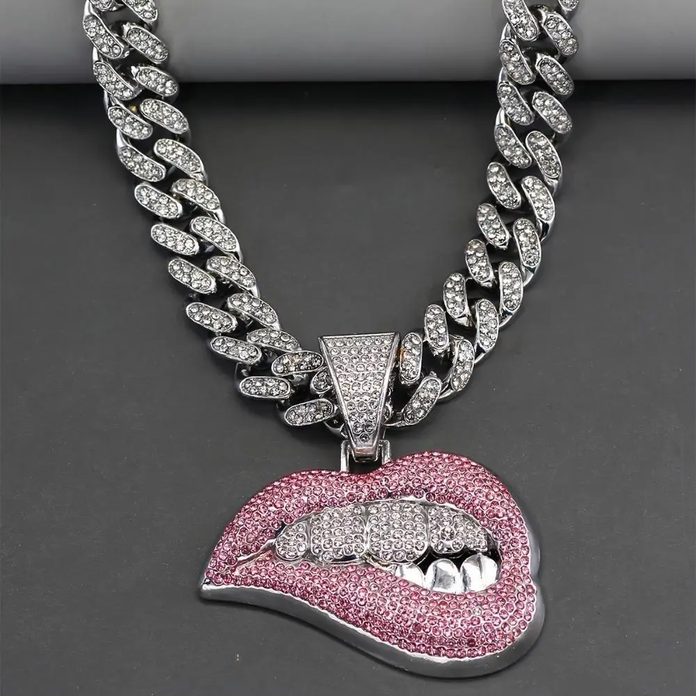 Iced Out Cuban Chain Necklace with Pink Biting Lips Pendant - Hip Hop Y2K Bling Sports & Outdoor Protective Accessory Jewelry