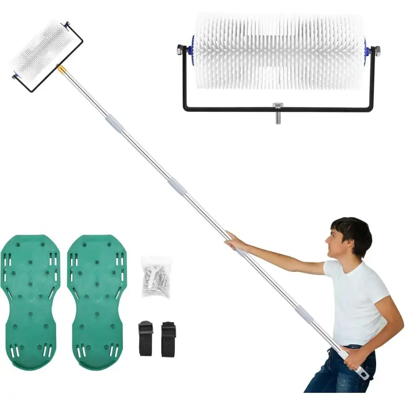 Spike Roller for Self Leveling Cement, 9 Inch Heavy-Duty Screed Spiked Roller with 34-77'' Adjustable Extension Pole - Complete Concrete Tool Kit w/Spike Shoes for Epoxy Flooring & Cement Leveling