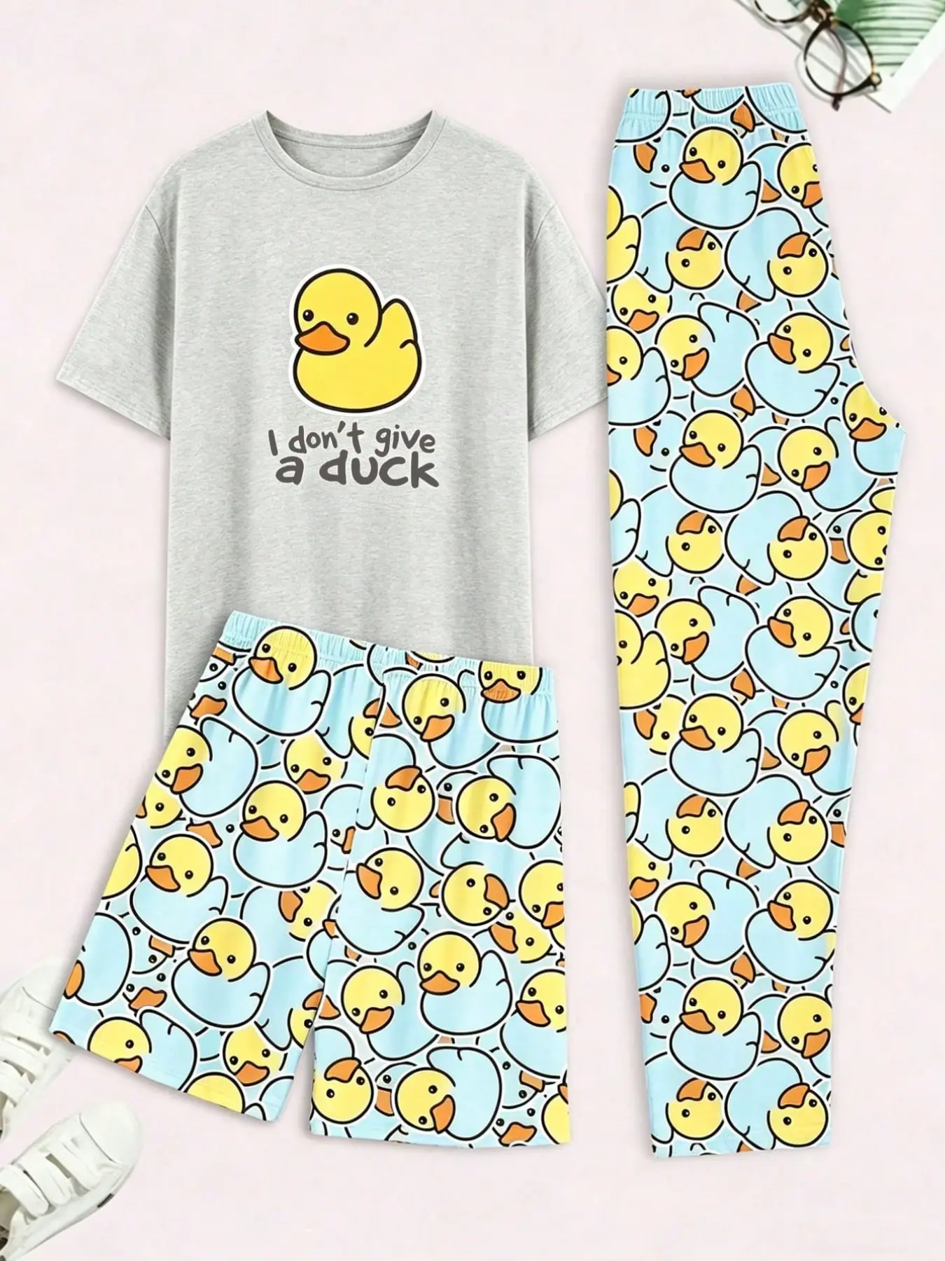 Men's 3-Piece Pajama Set Pjs Pyjamas, Short Sleeve Top, Long & Short Pants, Duck Design, Light Blue Cartoon, Round Neck, Loose Fit, Casual, Home Sleepwear, Loungewear