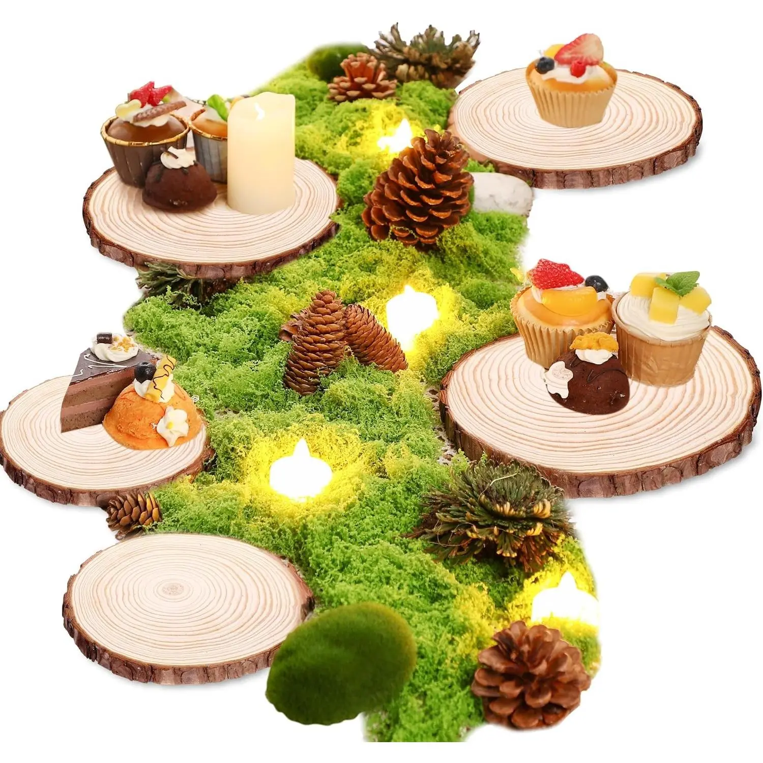 7 Pack Wood Table Centerpieces with Rustic Wood Slices and Artificial Fake Green Moss for Fairy Wedding Woodland Table Decor, Ideal for DIY Crafts (4.7-5.5'')